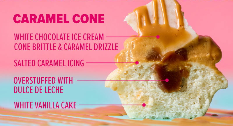 Caramel cone: White vanilla cake, overstuffed with dulce de leche, salted caramel icing, white chocolate ice cream cone brittle & caramel drizzle.