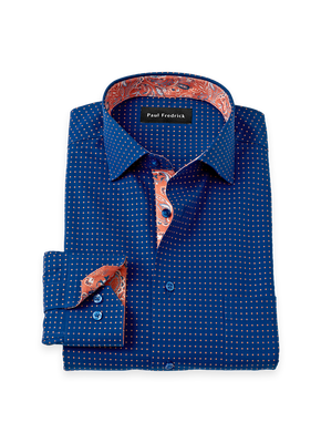 Comfort Stretch Non-Iron Dot Dress Shirt With Contrast Trim - Navy/melon-Classic Fit / 16.5 / 34