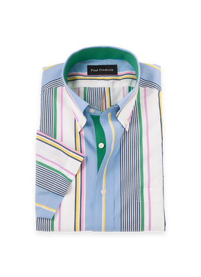 Non-Iron Cotton Stripe Dress Shirt With Contrast Trim - Blue Multi-Classic Fit / 16.5