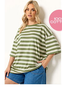 YOURS Curve Khaki Green & Cream Boxy T-Shirt