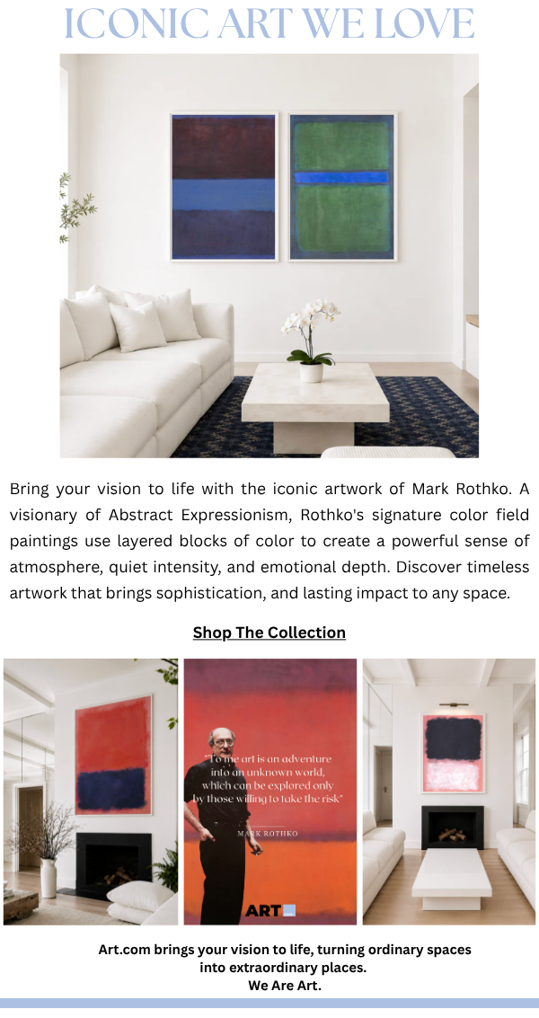 Iconic Art We Love - Bring your vision to life with the iconic artwork of Mark Rothko. A visionary of Abstract Expressionism, Rothko's signature color field paintings use layered blocks of color to create a powerful sense of atmosphere, quiet intensity, and emotional depth. Discover timeless artwork that brings sophistication, and lasting impact to any space.