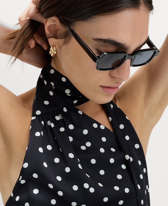 Woman wearing a Black Mix Satin Scarf Detail Shirred Top
