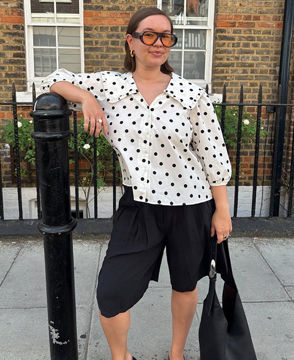 @marksandspencer_em wearing an Ivory Mix Pure Cotton Polka Dot Sailor Collar Shirt
