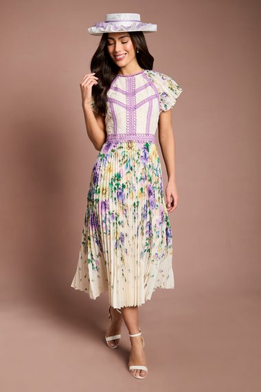 Lisa Tan Floral Printed Lace Trim Pleated Midi Dress