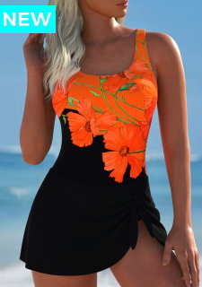 ROTITA Tie Black Floral Print One Piece Swimdress