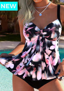 ROTITA Tummy Coverage Pink Floral Print Mid Waisted Tankini Set