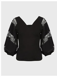 Black Faux-Wrap Jersey Cotton Top with Lace Inset Balloon Sleeves