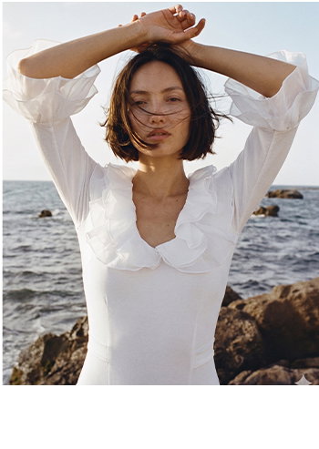 White Jersey Knit Pullover with Cotton Voile Ruffles