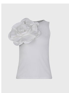 White Sleeveless Cotton Jersey Top With White Oversized Statement Flower