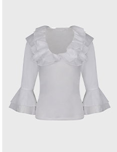 White Jersey Knit Pullover with Cotton Voile Ruffles