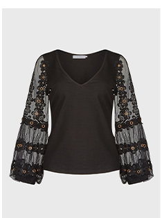 Black V-neck Elegant Top With Sheer Mesh 3/4 Sleeves Featuring Floral Applique & Grommet Details