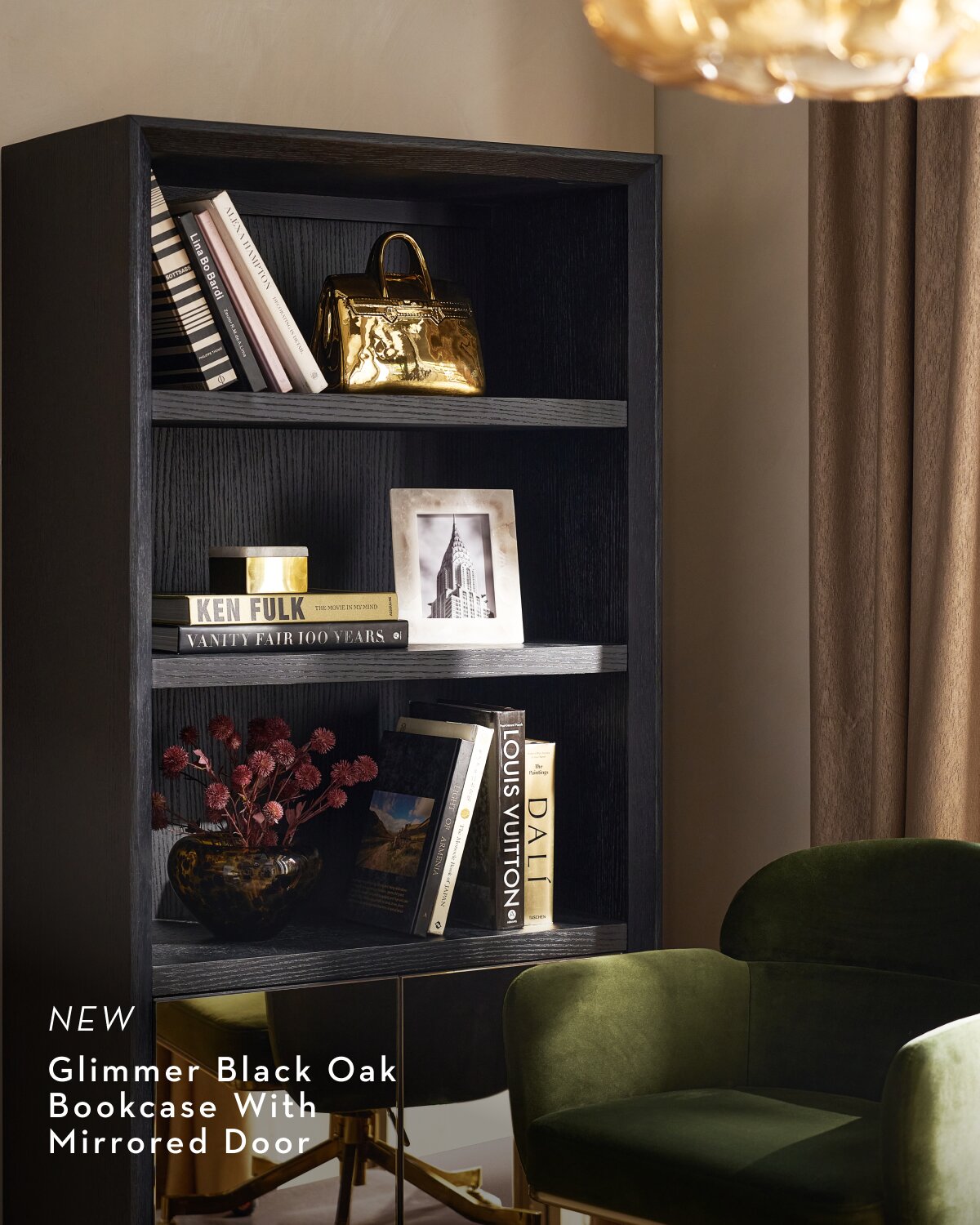 Glimmer Black Oak Bookcase With Mirrored Door 