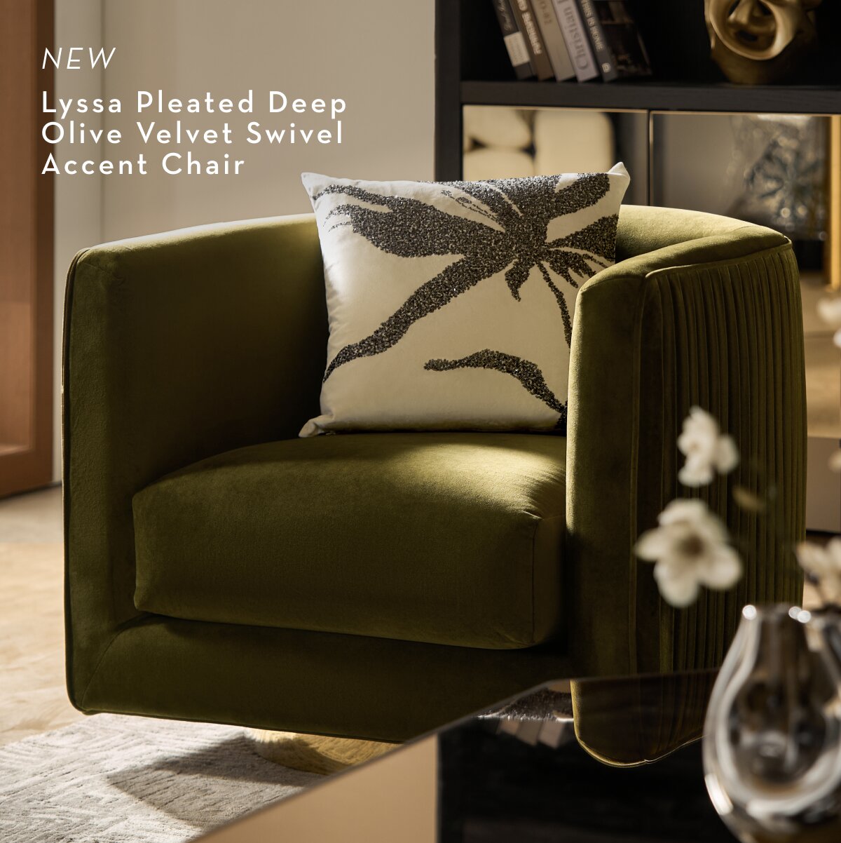 Lyssa Pleated Deep Olive Velvet Swivel Accent Chair