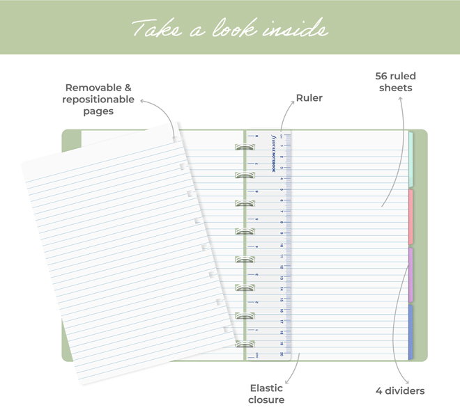 Take a look inside. Removable & respositionable pages, ruler, 56 rules sheets, elastic closure, 4 dividers.