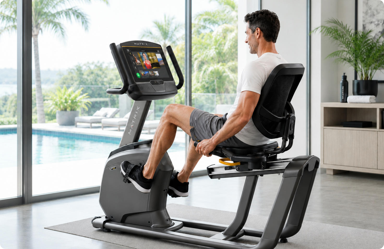 Man working out in the comfort of his home on a Matrix R50 Recumbent Bike.