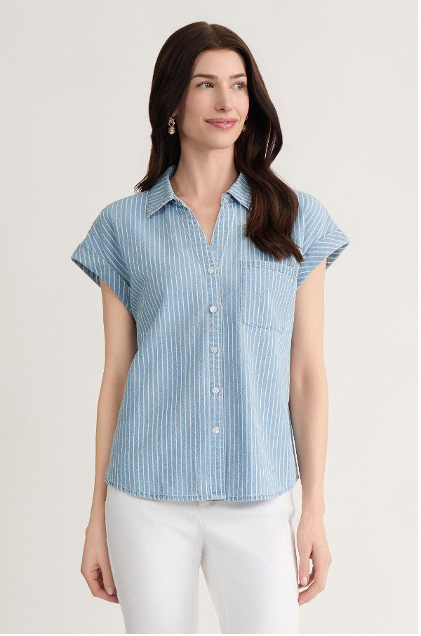 Short Sleeve Button Front Shirt, Chambray