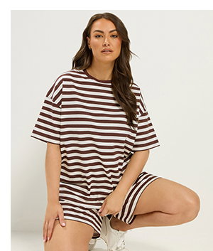 YOURS Kombiset aus T-Shirt und Shorts in Braun mit Streifen