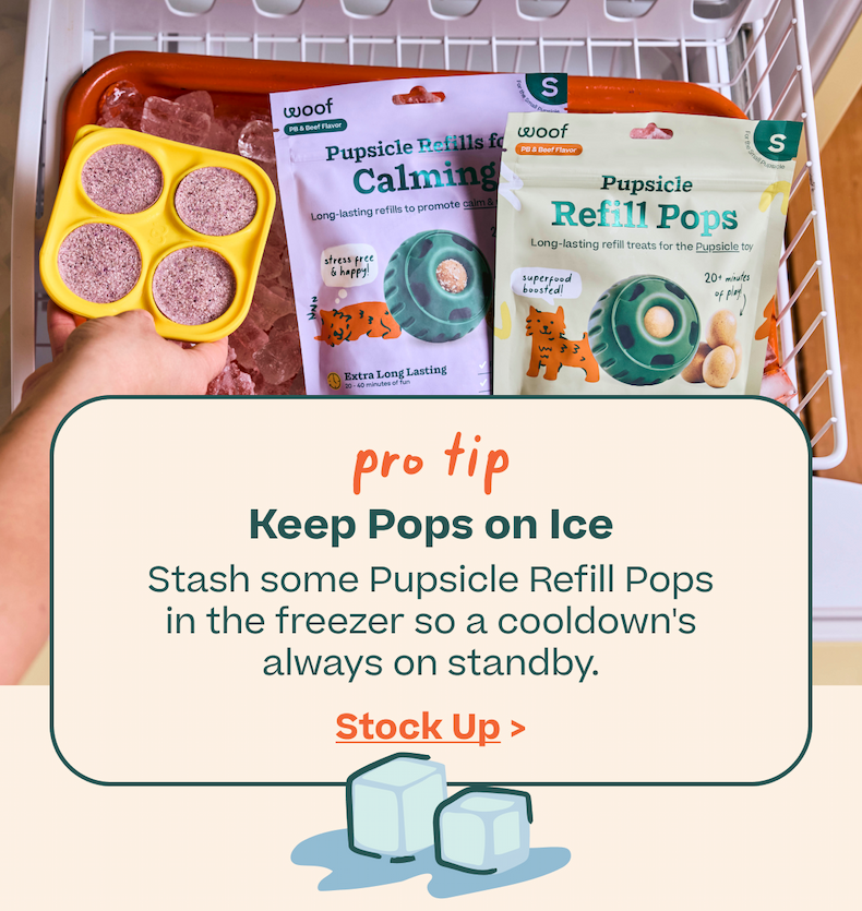 Pro tip: keep pops on ice. Stash some Pupsicle Refill Pops in the freezer so a cooldown's always on standby. Stock Up>