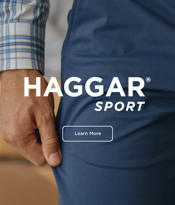 A gif shows how Haggar sport is both comfortable and sharp looking