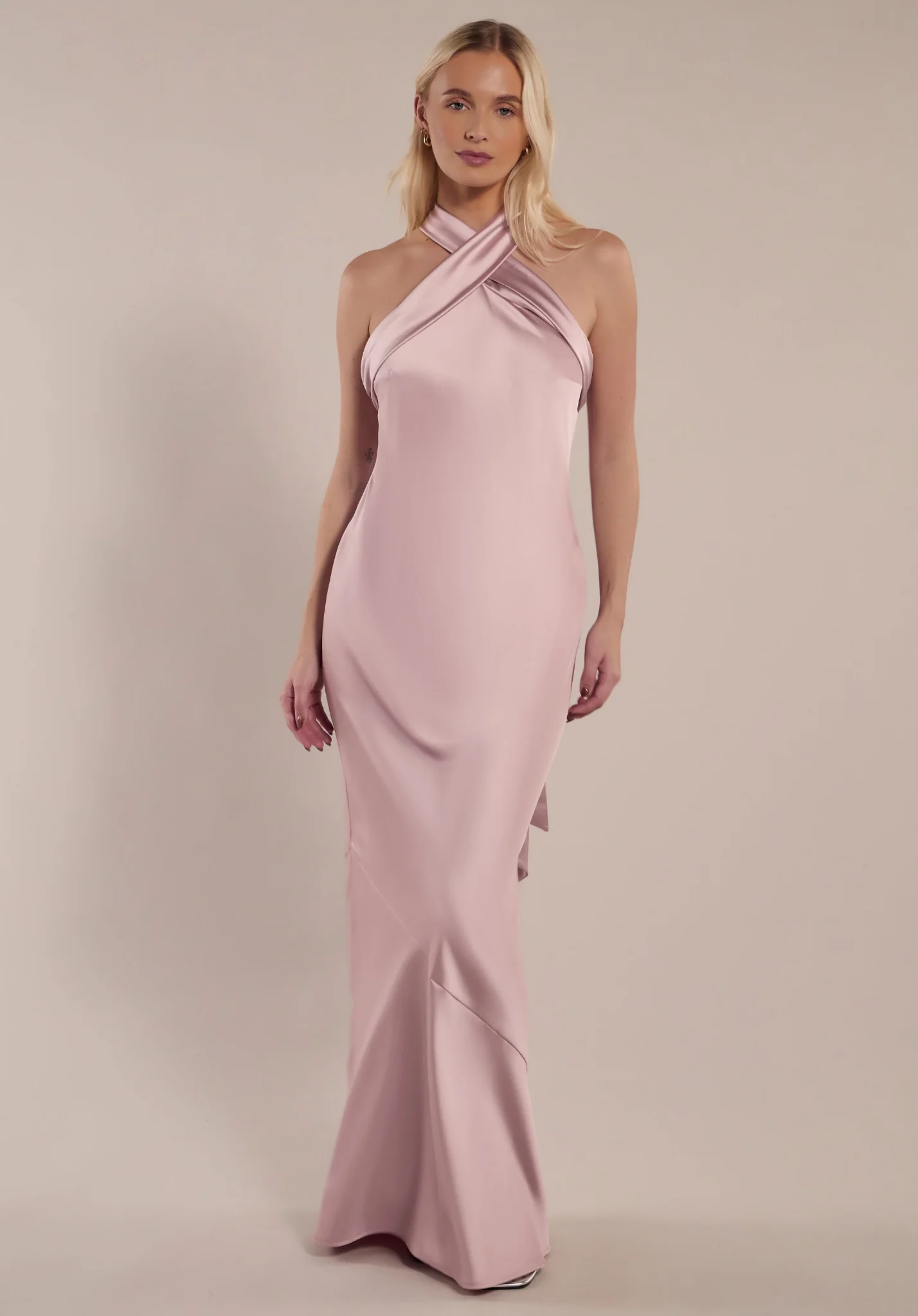 Image of Roma Dress in Rose Pink Satin- Halterneck Maxi Bridesmaid Dress