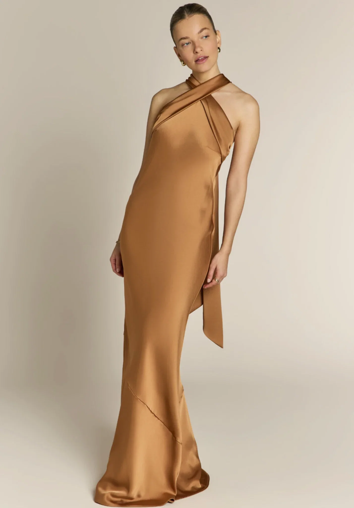 Image of Roma Dress in Caramel Satin - Halterneck Maxi Bridesmaid Dress