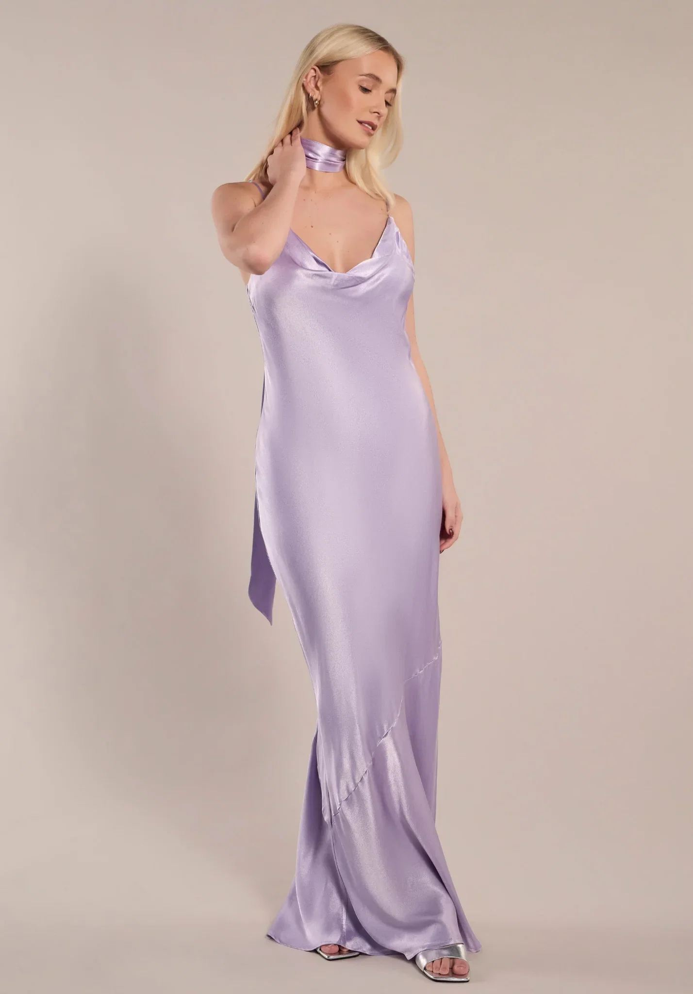 Image of Pollenca cowl neck Dress in Lilac Satin