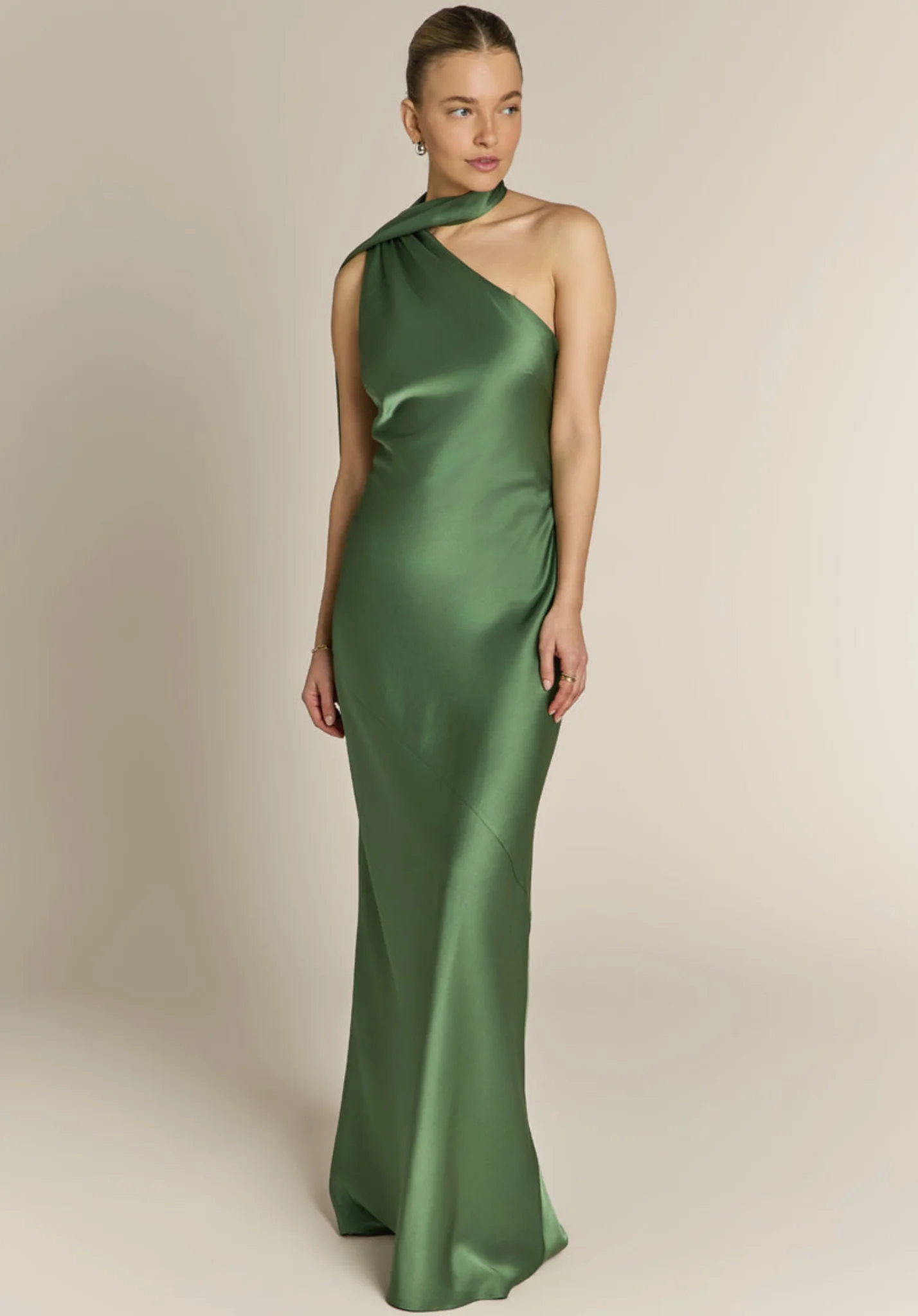 Image of Raye One Shoulder Satin Bridesmaid Dress – Olive Green
