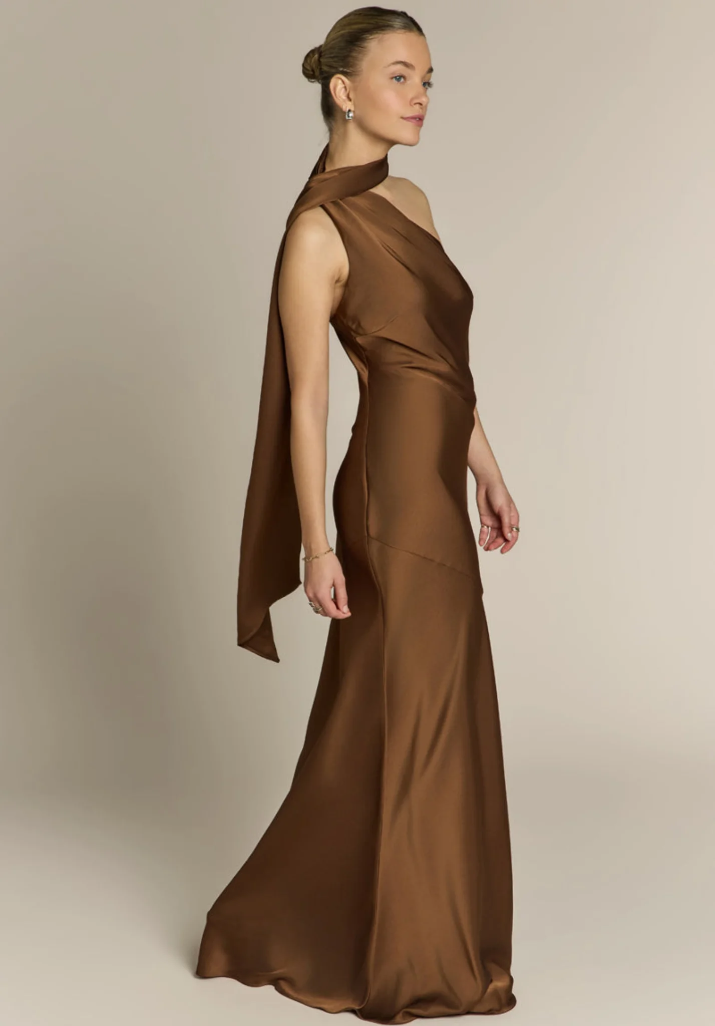 Image of Raye One Shoulder Dress in Chocolate Brown