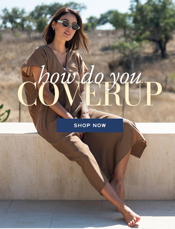 How do you coverup? Shop Now - Image of a woman wearing a light brown coverup.