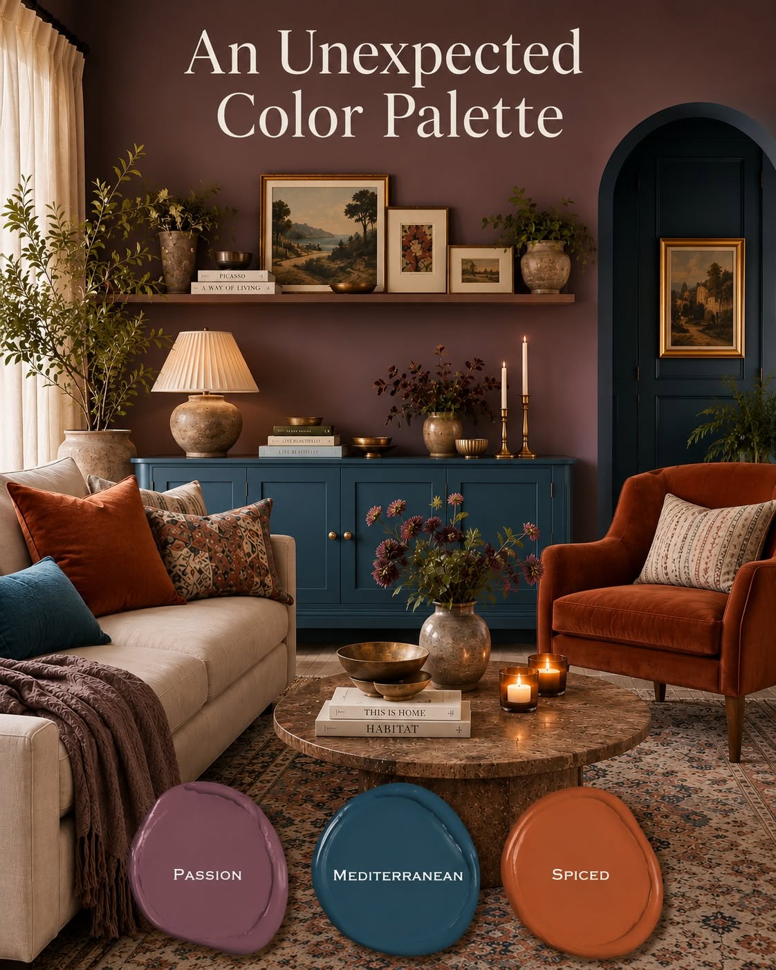 A picture of a curated palette using All In One Pant colors Passion, Mediterranean and Spiced.