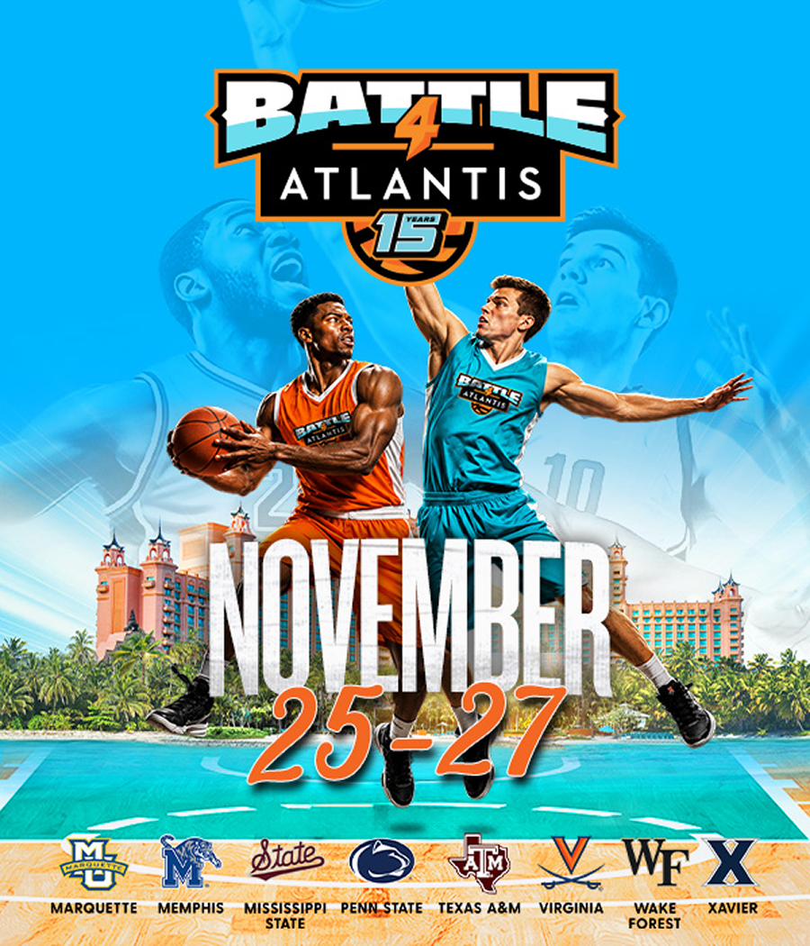 Battle 4 Atlantis, year 15. November 25-27. | Two men competing in a basketball game on a court featuring the iconic Atlantis resort background.