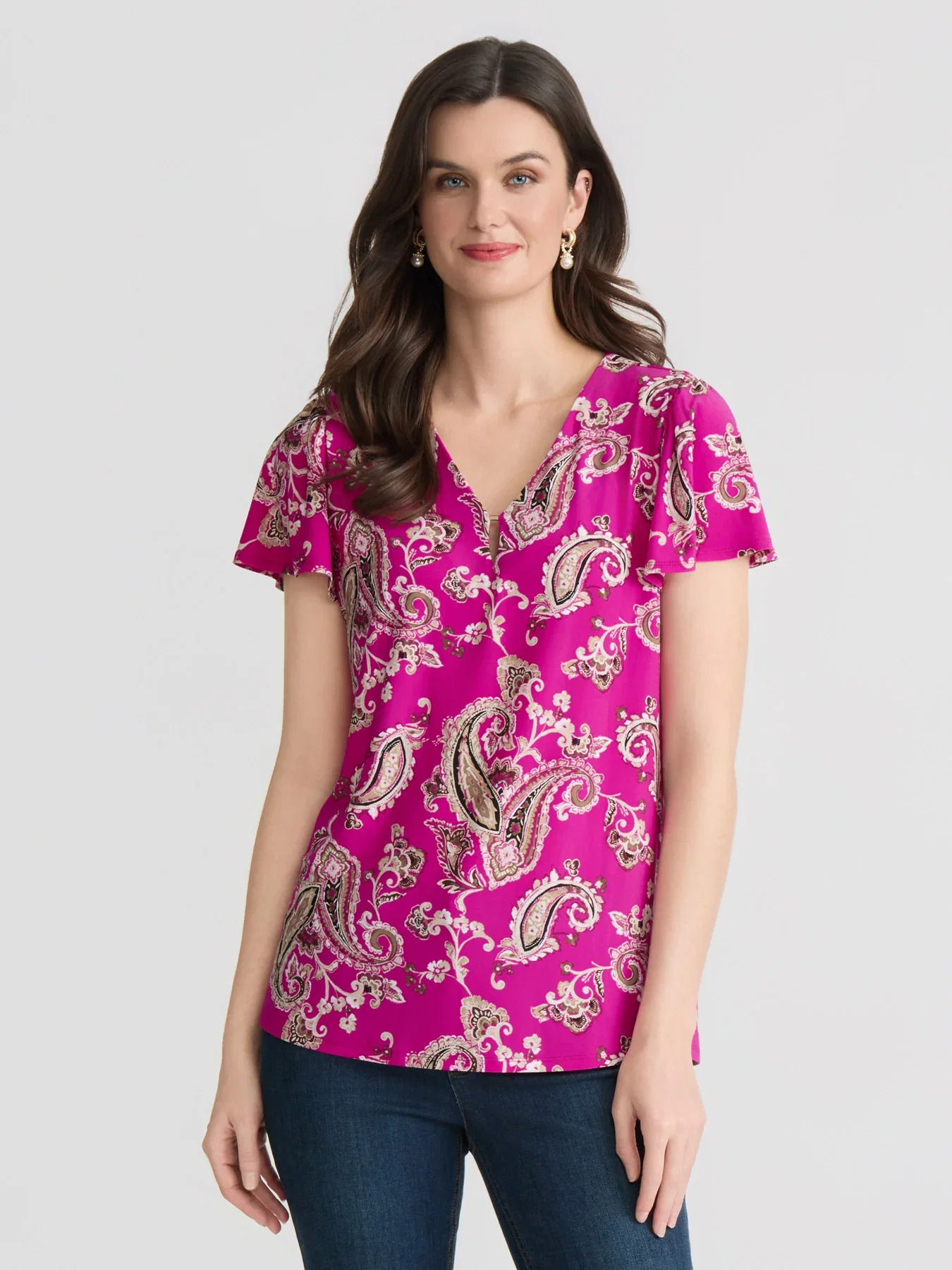 Image of Short Flutter Sleeve Blouse, Printed Jersey Knit