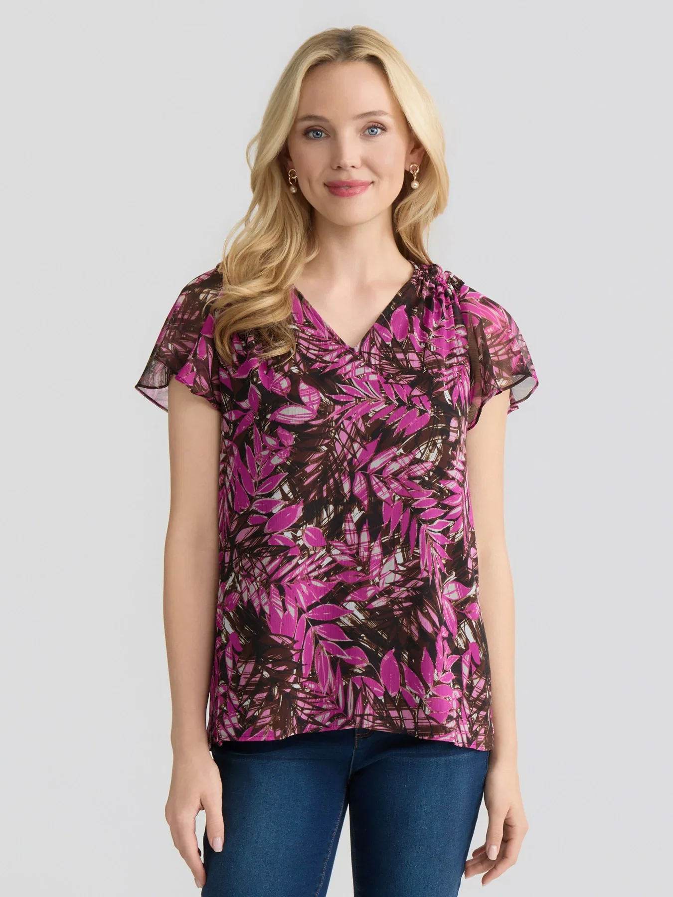 Image of Short Flutter Sleeve Blouse, Printed Yoryu
