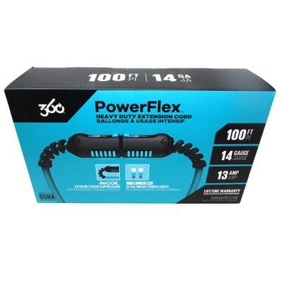 360 PowerFlex 100 ft Heavy Duty Extension Cord, 14/3 Gauge, Dual Lighted Ends, Cold?Weather Flexible, Water & Flame Resistant – Model 3E0791100AQG2NA