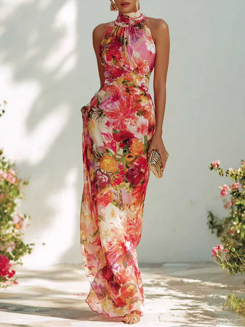 Red Floral Chiffon Halter Sleeveless Maxi Dress