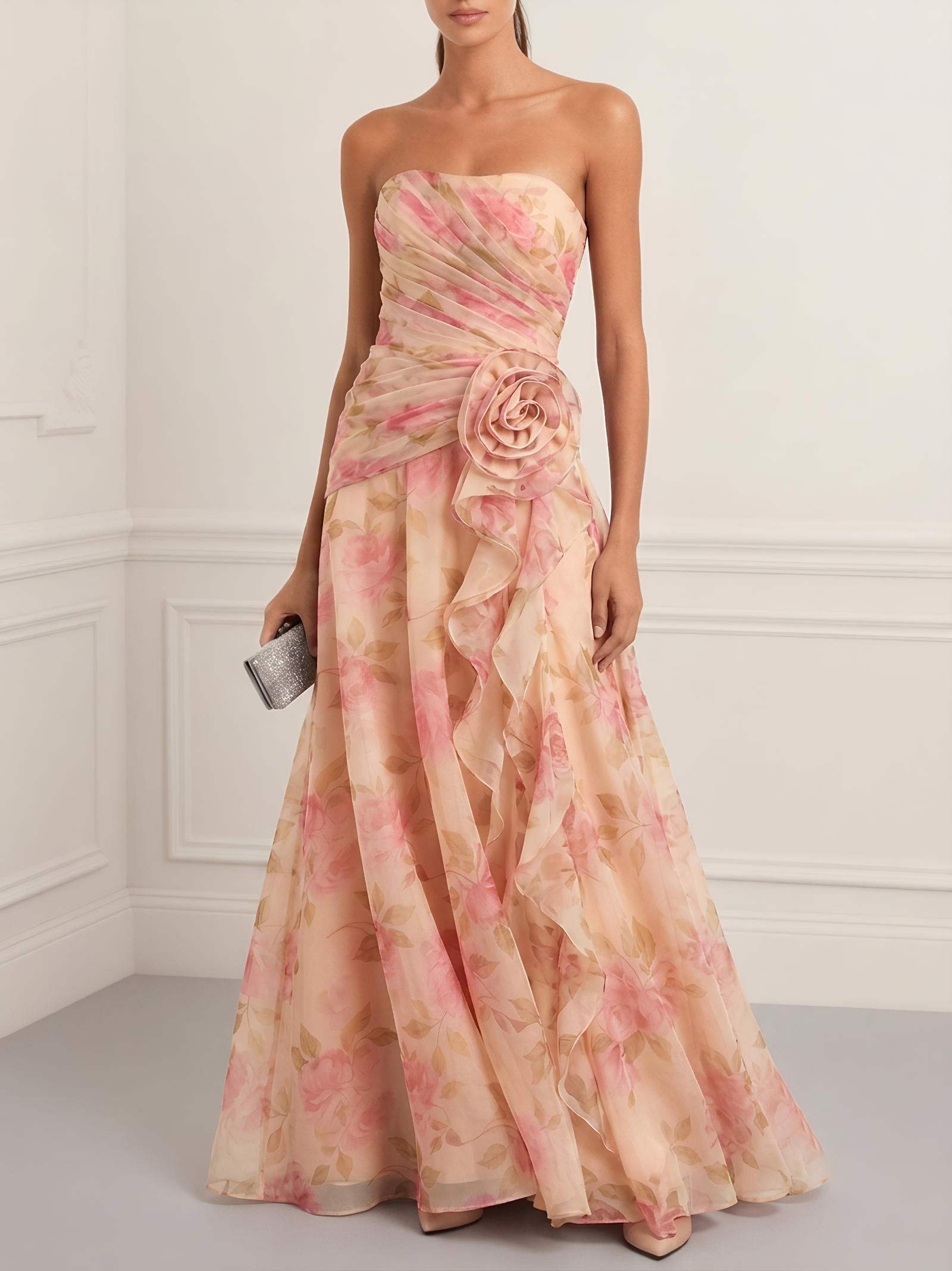 Pink Floral 3D Floral Tulle Strapless Sleeveless A-Line Floor-length Gown Dress