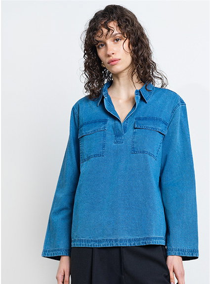 Zaves Chambray Denim Blue Pocket Popover Shirt