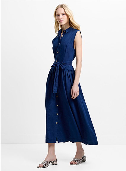 Zaves Chambray Denim Belted Midi Dress