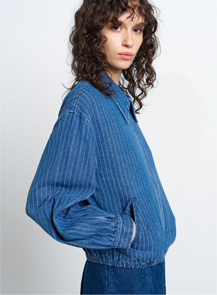 Cherrie Pinstripe Denim Zip Up Bomber Jacket