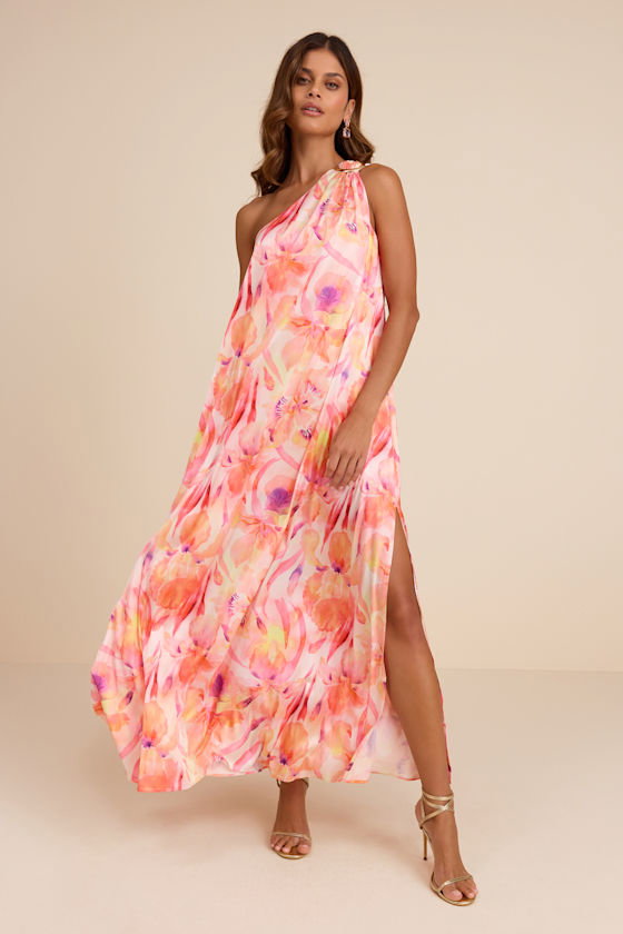 Image of Goddess Aura Orange Multi Floral Satin One Shoulder Maxi Dress