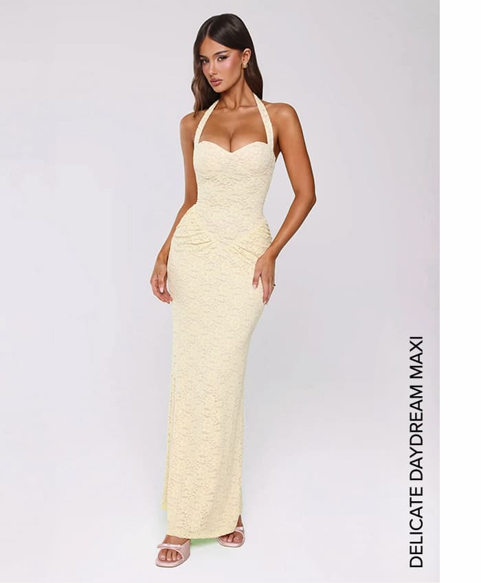 Delicate Daydream Halter Lace Maxi Dress Yellow