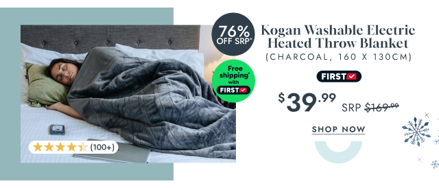 Kogan Washable Electric Heated Throw Blanket (Charcoal, 160 x 130cm)
