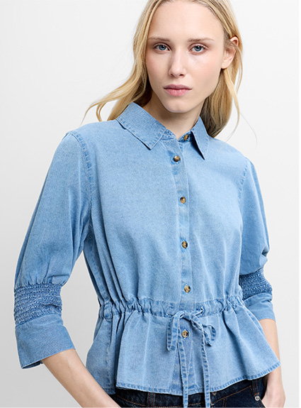 Zaves Chambray Denim Blue Drawstring Waist Top