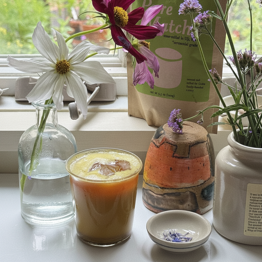 A drink with ice sits next to flowers and a bag of matcha.