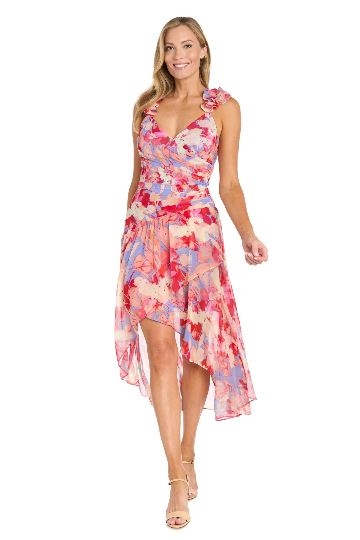 Image of Printed Surplice Dress with Hi-Low Hem, Coral/Multi