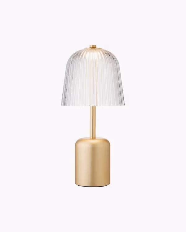 Lampada da tavolo portatile Asteea, ottone satinato - trasparente ondulato