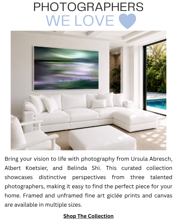 Photographers We Love - Bring your vision to life with photography from Ursula Abresch, Albert Koetsier, and Belinda Shi. This curated collection showcases distinctive perspectives from three talented photographers, making it easy to find the perfect piece for your home. Frames and unframed fine art giclee prints and canvas are available in multiple sizes. SHOP THE COLLECTION