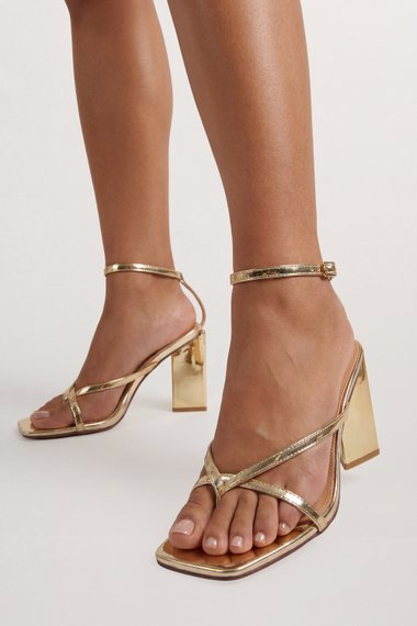 Gold Faux Metallic Leather Cross Strap Toe Post High Block Heel Sandals