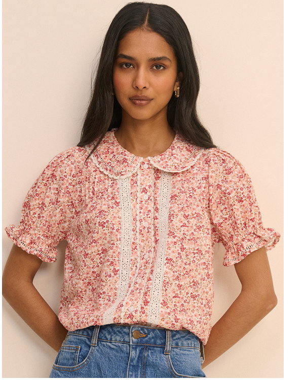 Pink Floral Broderie Anglaise Peter Pan Collar Blouse