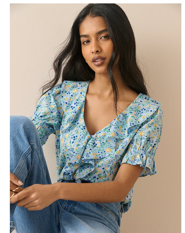 Blue Floral Ruffle Trim Top